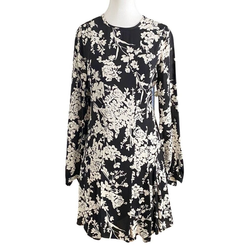 REISS GABRIELLA BLACK WHITE FLORAL LONG SLEEVE MINI DRESS - 2 - Picture 2 of 12